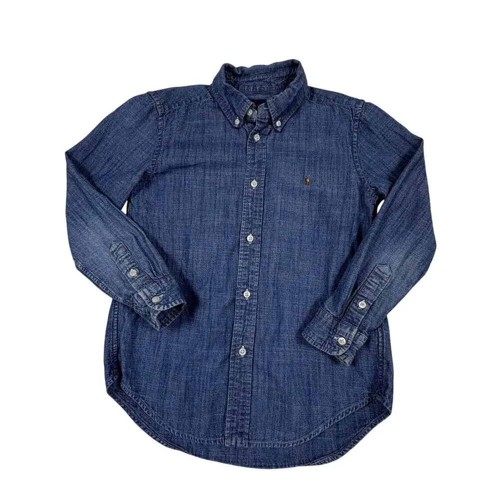 Ralph Lauren Chambray Button Down Shirt Boys 7 Blue Denim Preppy Americana